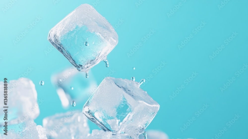 Cool Cubes in Cyan: Capturing the essence of icy freshness, a cluster of clear ice cubes levitates and scatters droplets against a crisp cyan backdrop, creating a visual feast. Cool Cubes in Cyan: Capturing the essence of icy freshness, a cluster of clear ice cubes levitates and scatters droplets against a crisp cyan backdrop, creating a visual feast.
