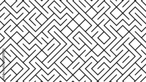  black and white geometric maze pattern with interlocking lines, creating a seamless and abstract design suitable for backgrounds, textiles, and modern digital art.