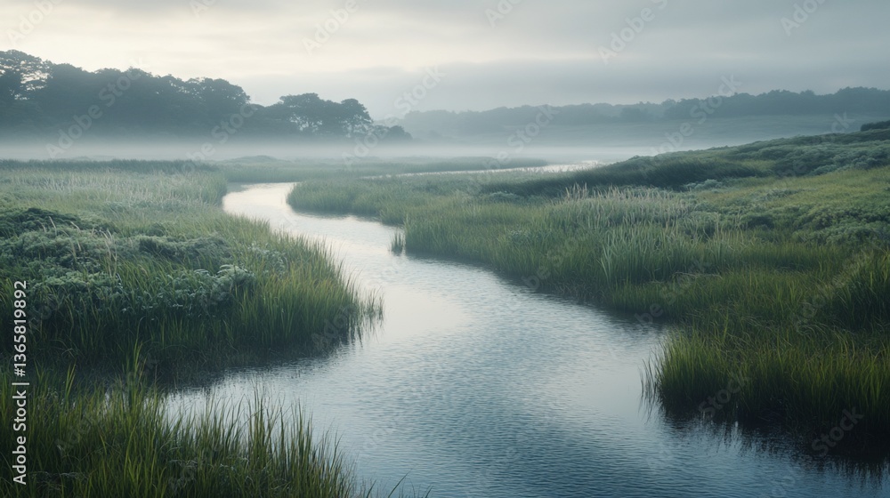 Fototapeta premium Serene Mist-Shrouded River in a Verdant Marsh