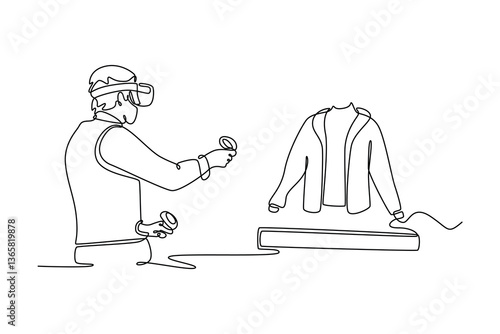 Tailor and female customer put VR goggles in atelier workshop. 3D hologram of jacket pattern. Technology in business concept. Single line draw design. Vector graphic illustration