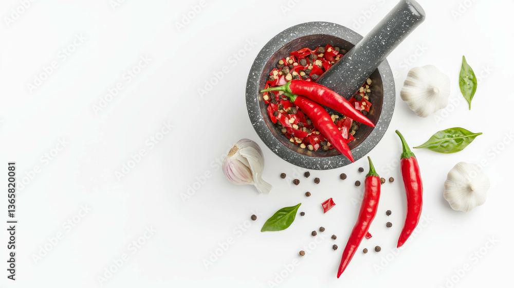 Fresh chili peppers and garlic with mortar and pestle for spicy cooking inspiration Fresh chili peppers and garlic with mortar and pestle for spicy cooking inspiration