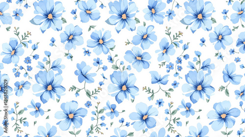 Watercolor style seamless pattern of blue flowers, isolate on white background.