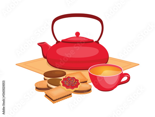Red teapot, cup of tea and cookies vector illustration. Tea drink, teapot and biscuits icon set isolated on a white background. Shortbread cookie and tea still life drawing