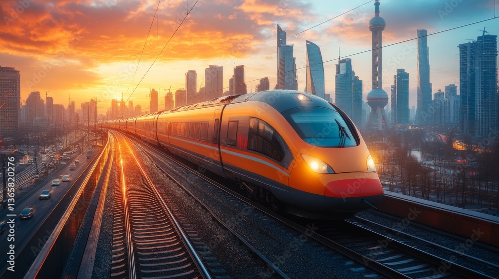 A sleek high speed train glides along tracks in a vibrant city at sunset, highlighting the fusion of advanced rail technology and urban infrastructure A sleek high speed train glides along tracks in a vibrant city at sunset, highlighting the fusion of advanced rail technology and urban infrastructure