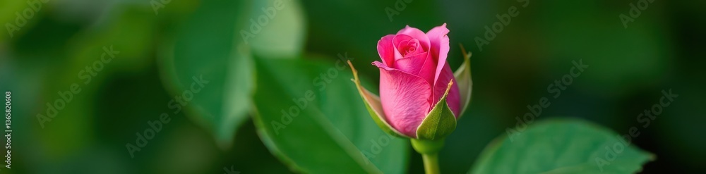 Unfurling pink rosebud, delicate petals, lush green leaves, background, wallpaper Unfurling pink rosebud, delicate petals, lush green leaves, background, wallpaper