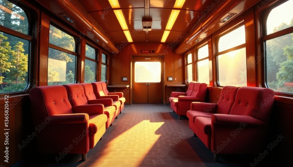 Fototapeta premium Sunlit train compartment, deep armchairs, expansive windows, railroad, carriage