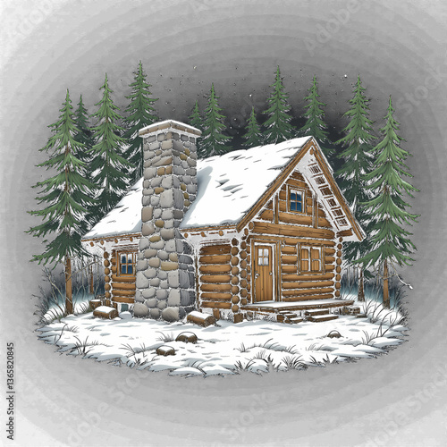Cozy Winter Cabin in Snowy Forest, Illustrated winter cabin scene, perfect for holiday cards or winter themed designs.