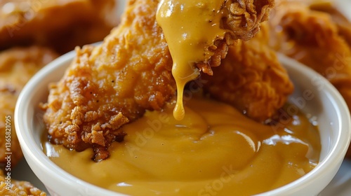Dipping a chicken tender into honey mustard sauce