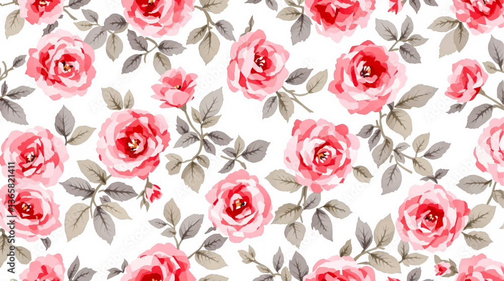 Seamless pattern with watercolor pink roses and gray leaves on white background. Romantic floral design for wedding invitation, Seamless pattern with watercolor pink roses and gray leaves on white background. Romantic floral design for wedding invitation,