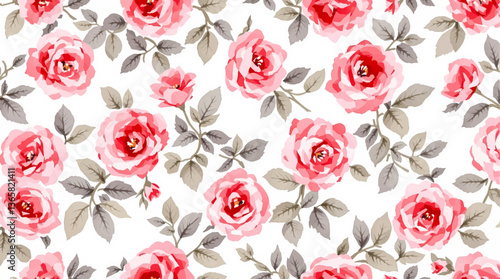 Seamless pattern with watercolor pink roses and gray leaves on white background. Romantic floral design for wedding invitation,