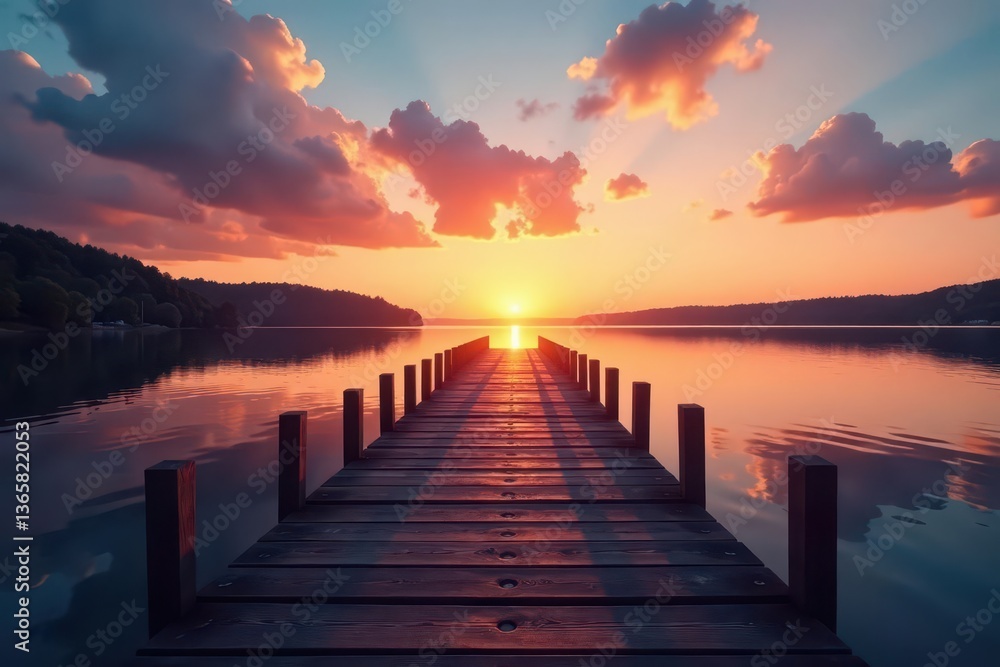Obraz premium Empty pier extending into sunset-lit river, tranquil scene, wood, shadow