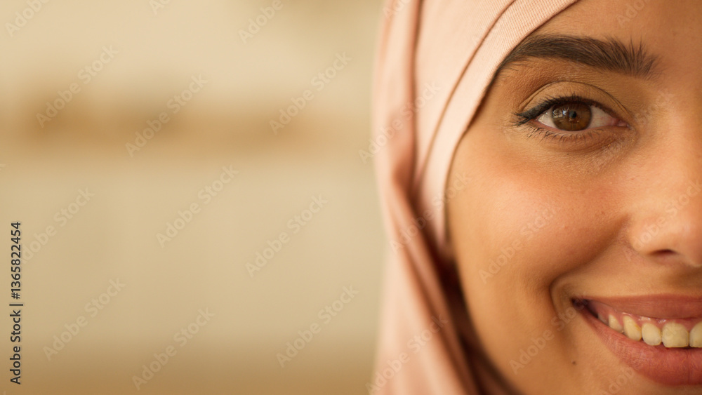 Close up positive smiling toothy health teeth satisfied smile happy half female face at home Muslim woman in hijab Islamic Arabian girl look Islamic lady Islam religion in headscarf looking at camera Close up positive smiling toothy health teeth satisfied smile happy half female face at home Muslim woman in hijab Islamic Arabian girl look Islamic lady Islam religion in headscarf looking at camera