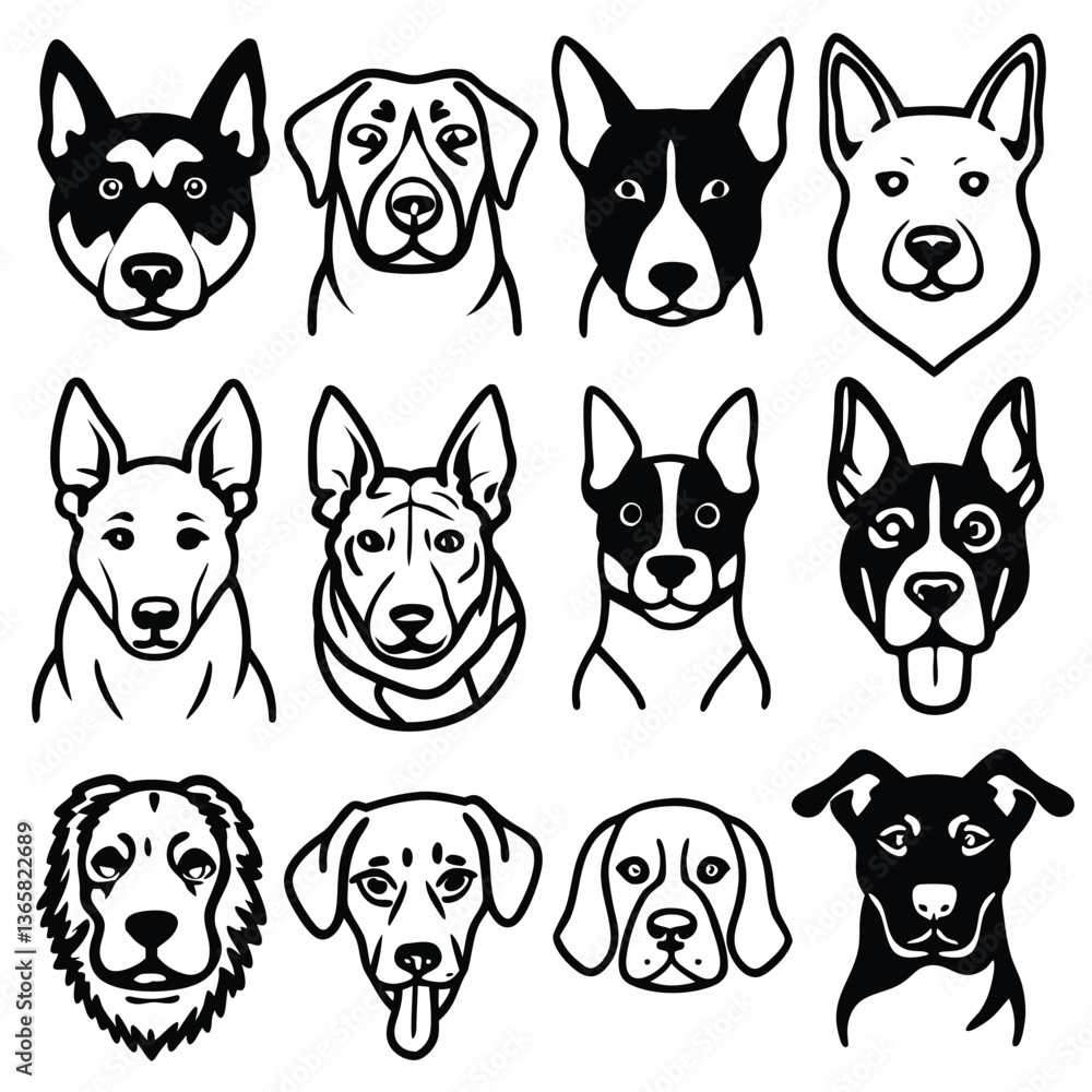 Fototapeta premium Dog breeds heads vector. Pet portrait in style of hand drawn black doodle on isolated background
