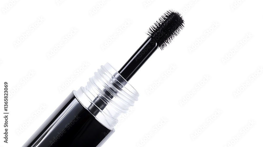 Obraz premium Close up of a black mascara wand and bottle on a white background