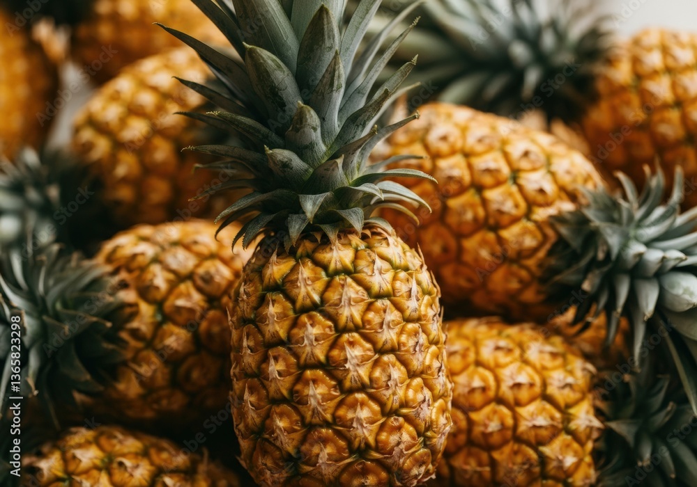 Obraz premium Fresh pineapples stacked together, showcasing their vibrant texture and color