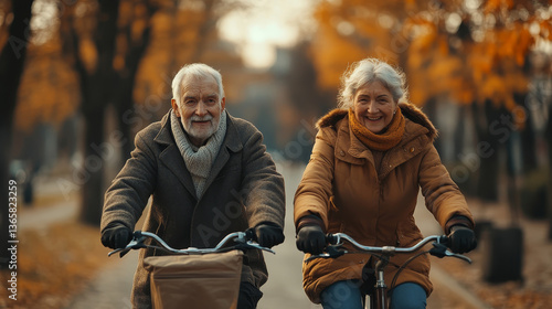 happy elderly couple cycling together through autumn park in warm clothes enjoying golden fall moments