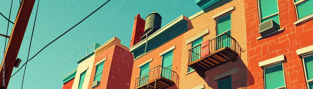 Obraz premium Cityscape, sunny day, urban building facades, balconies, wire, illustration