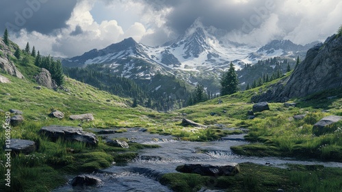 Mountain stream valley landscape, scenic background