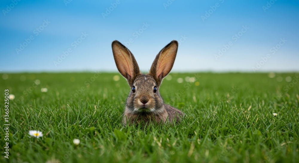 Obraz premium Hare sitting in grass meadow against blue sky
