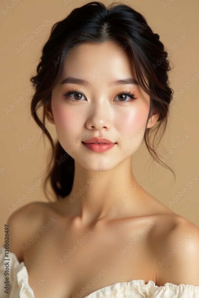 Fototapeta premium Beautiful Asian woman with soft focus in elegant outfit and makeup on a beige background, lipstick, foundation , soft focus