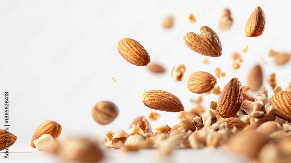nuts such as walnut, almond, peanut, hazelnut falling from height with white background 12 nuts such as walnut, almond, peanut, hazelnut falling from height with white background 12