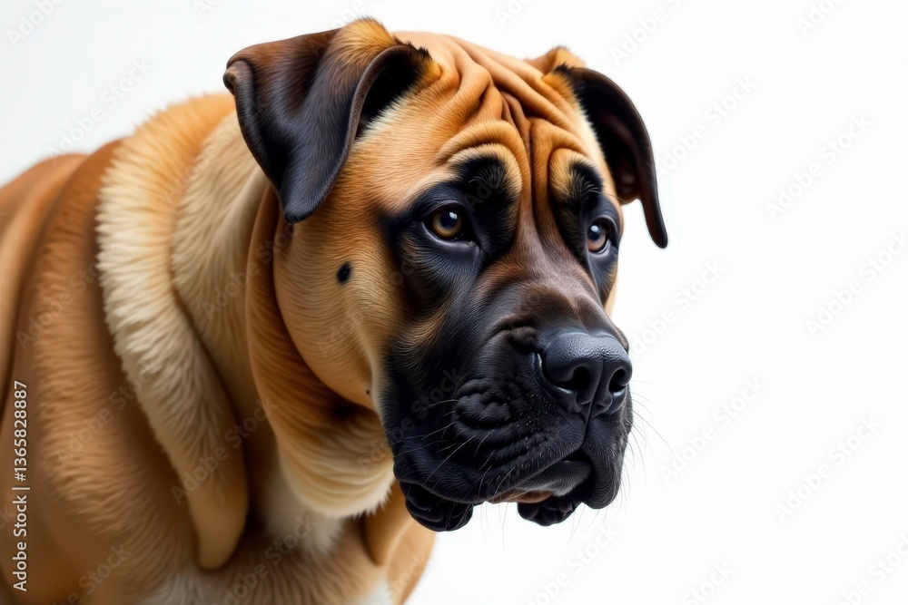 Fototapeta premium Imposing mastiff, intense gaze, pristine white backdrop, muscular, furry