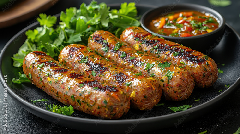 Grilled vegan sausages made from colorful vegetables served with greens and a flavorful dipping sauce Grilled vegan sausages made from colorful vegetables served with greens and a flavorful dipping sauce
