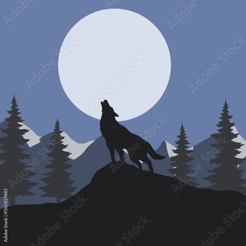 Howling Wolf Silhouette in Moonlit Night Vector Illustration
