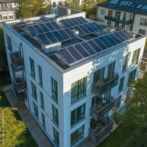 Wide shot of a white multi-family residential building with blue solar panels on the roof, Frankfurt, Germany