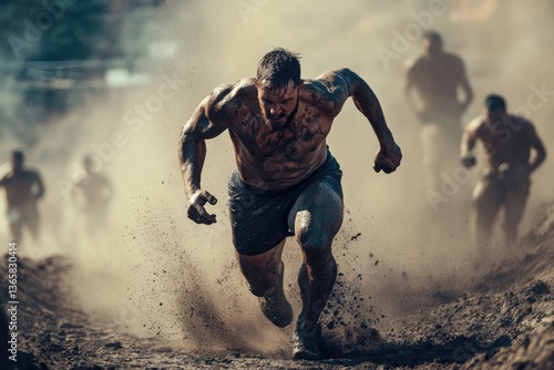 Spartan Race. Man Athlete Running Obstacle Course in Fitness Competition