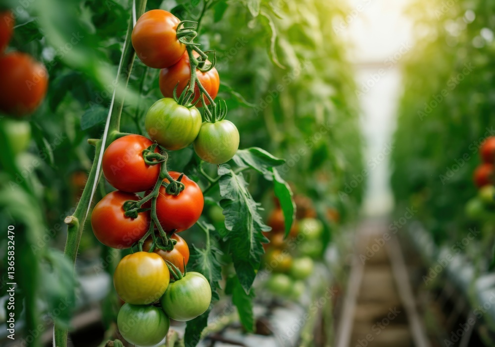 Fresh tomatoes growing in a greenhouse, showcasing vibrant colors and healthy plants Fresh tomatoes growing in a greenhouse, showcasing vibrant colors and healthy plants