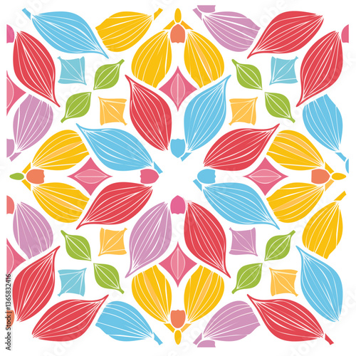 colorful Ornate Geometric Petals Grid, Abstract Vector Seamless design
