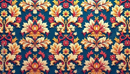 Intricate floral damask print, seamless texture, detail, antique, flower