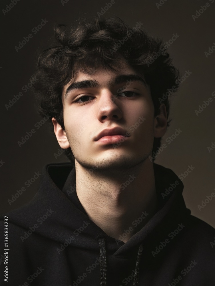 Portrait of a young man with wavy dark hair wearing a black hoodie Portrait of a young man with wavy dark hair wearing a black hoodie