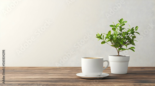 Wallpaper Mural White Coffee Cup And Potted Plant On Wooden Table Torontodigital.ca