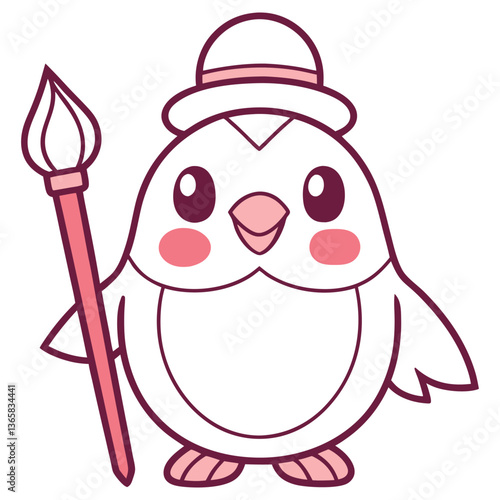 Cartoon Penguin with Hat Holding Pink Paintbrush on White