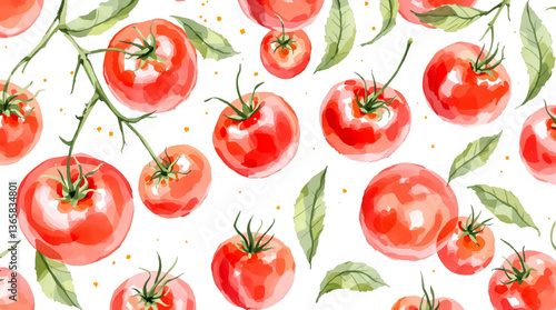 Watercolor pattern tomatoes on white background	
