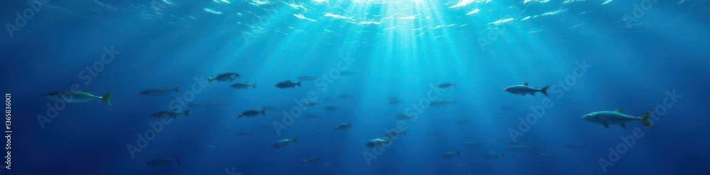 Obraz premium deep blue ocean surface with scattered schools of small fish swimming in every direction, water, depth