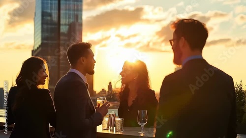 Business professionals networking on rooftop at sunset