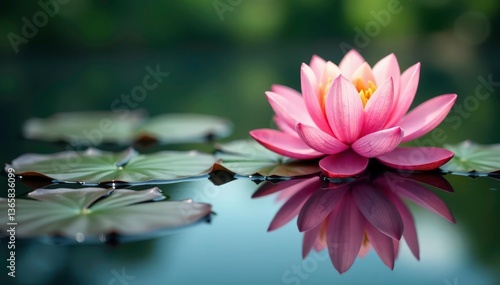 Intricate floral design reflected on calm lake surface, colorful, image