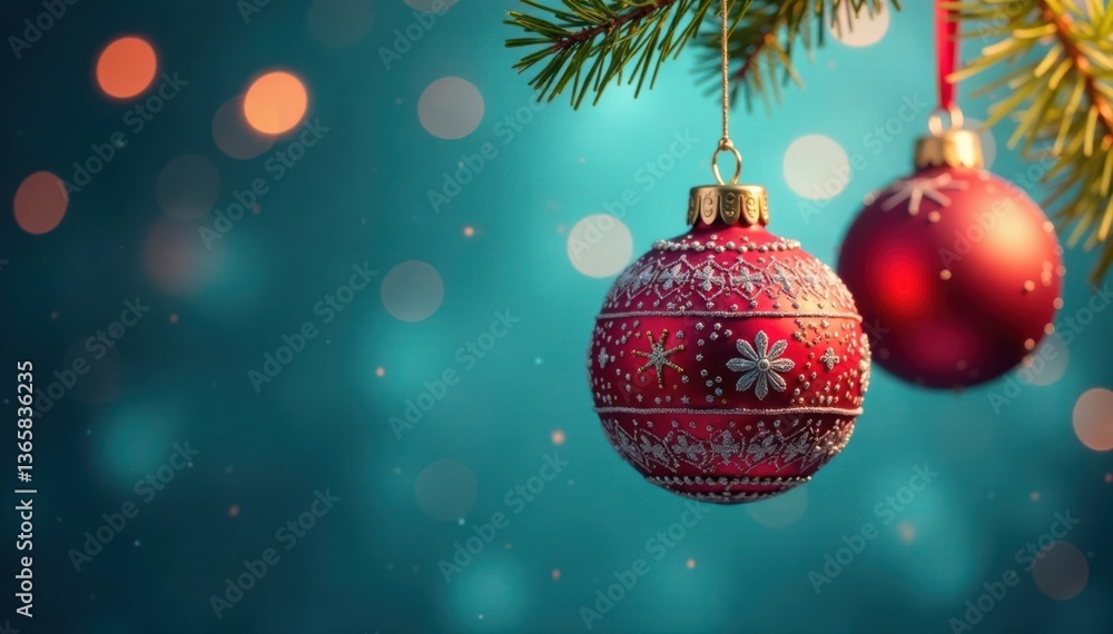 Fototapeta premium Decorative Christmas ornaments hanging from a blue string, blue background, holiday decoration