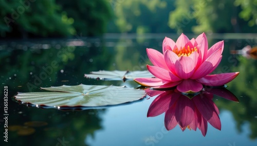 Intricate floral design reflected on calm lake surface, illustration, design, background