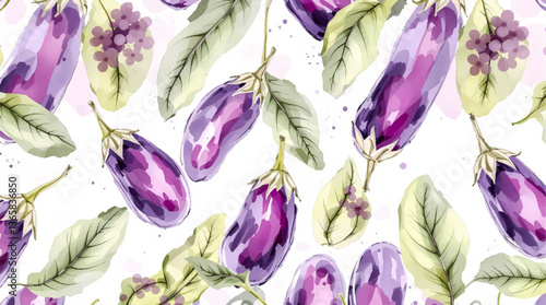 Vibrant watercolor illustration of various tropical cocktails with umbrellas and fresh fruit, Seamless eggplant pattern
