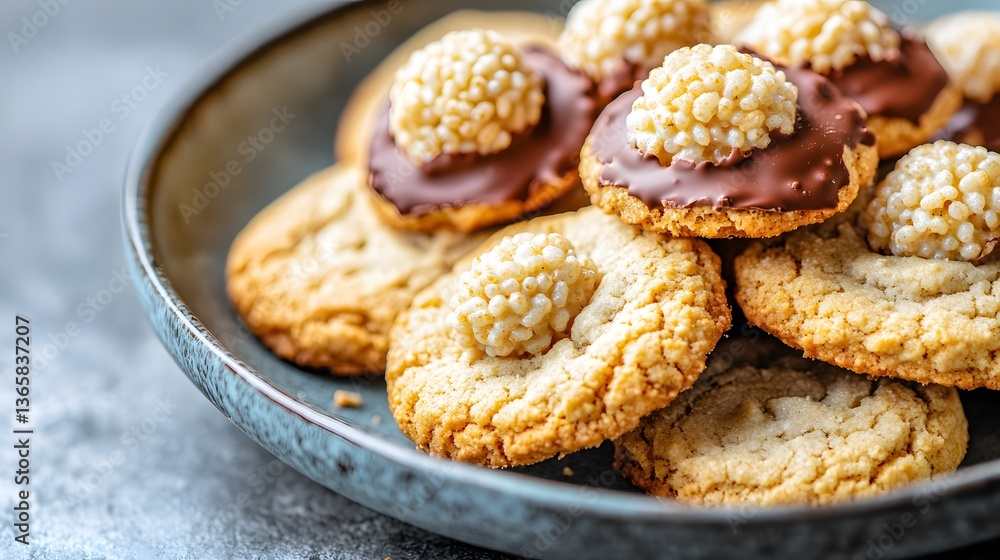 Gourmet Chocolate Cookies with Puffed Rice Topping Close Up Gourmet Chocolate Cookies with Puffed Rice Topping Close Up