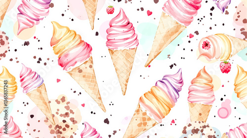 Watercolor pattern ice cream white background vector	