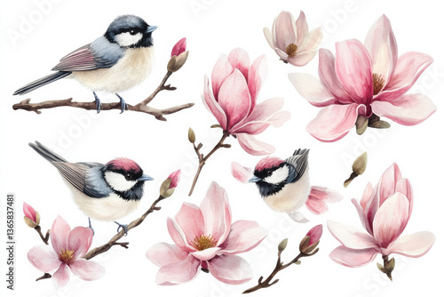 Set of watercolor illustrations featuring cute birds perched on branches alongside beautiful magnolia flowers, creating serene and charming nature scene