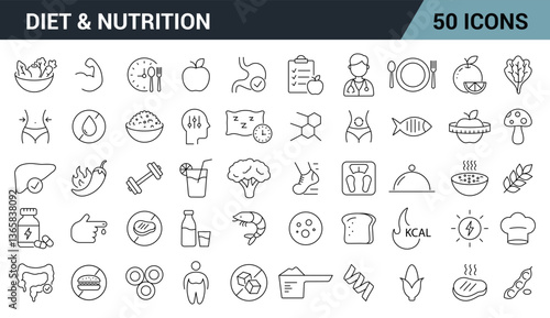 Nutrition and Diet Line Editable Icons Set. Includes Healthy Eating, Protein, Fruit & Vegetables, vitamins, Weight Loss, and more. Vector illustration.