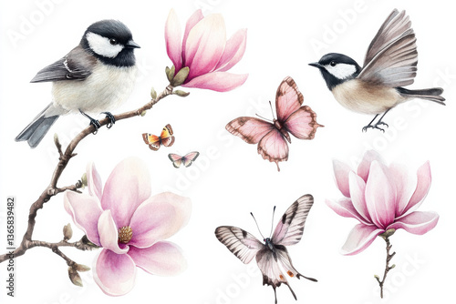 Beautiful watercolor illustrations featuring birds and magnolia flowers, capturing serene and delicate nature scene. butterflies add whimsical touch to this charming composition