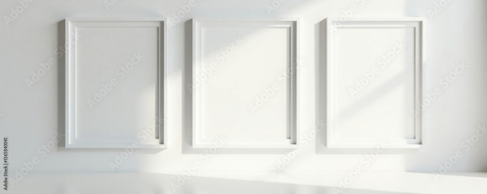 Fototapeta premium Empty white photo frames on a modern wall with clean lines and minimal decor, modern style, empty spaces, empty frames