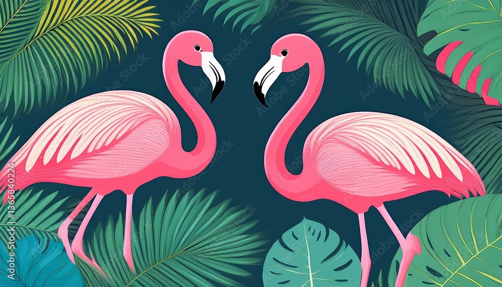 Obraz premium pink flamingo tropical exotic bird with colorful jungle palm leaves tropical jungle leaves background summer poster design exotic nature decoration flamingo bird and tropical leaves summer beach